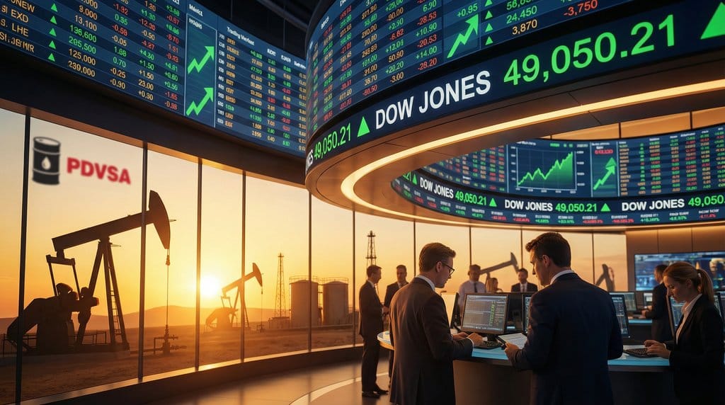 Stock market trading floor showing Dow Jones above 49,000 with oil derricks and Venezuela petroleum infrastructure symbolizing energy sector rally