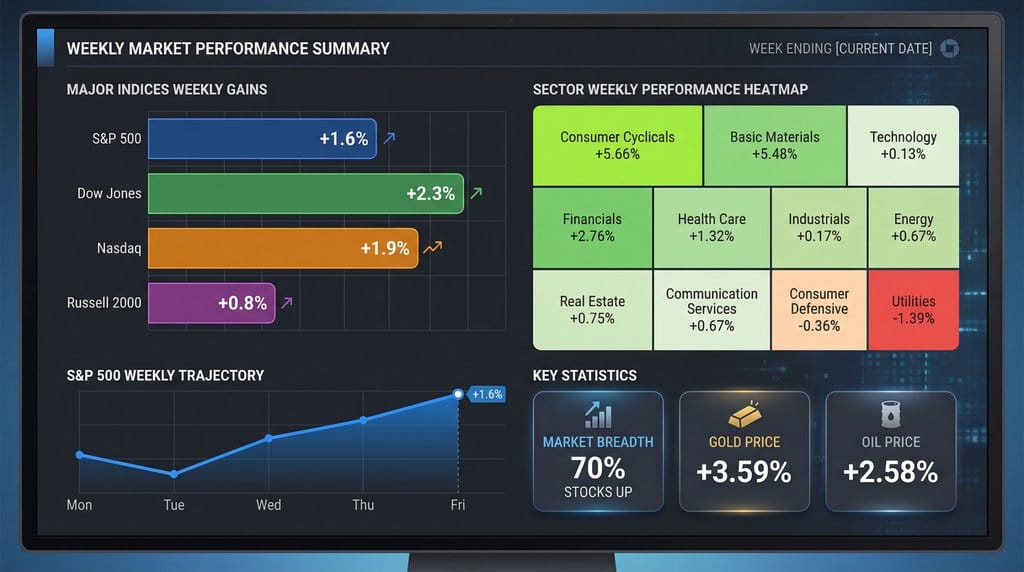 Weekly performance chart showing sector heatmap and comparison of major stock indices performance