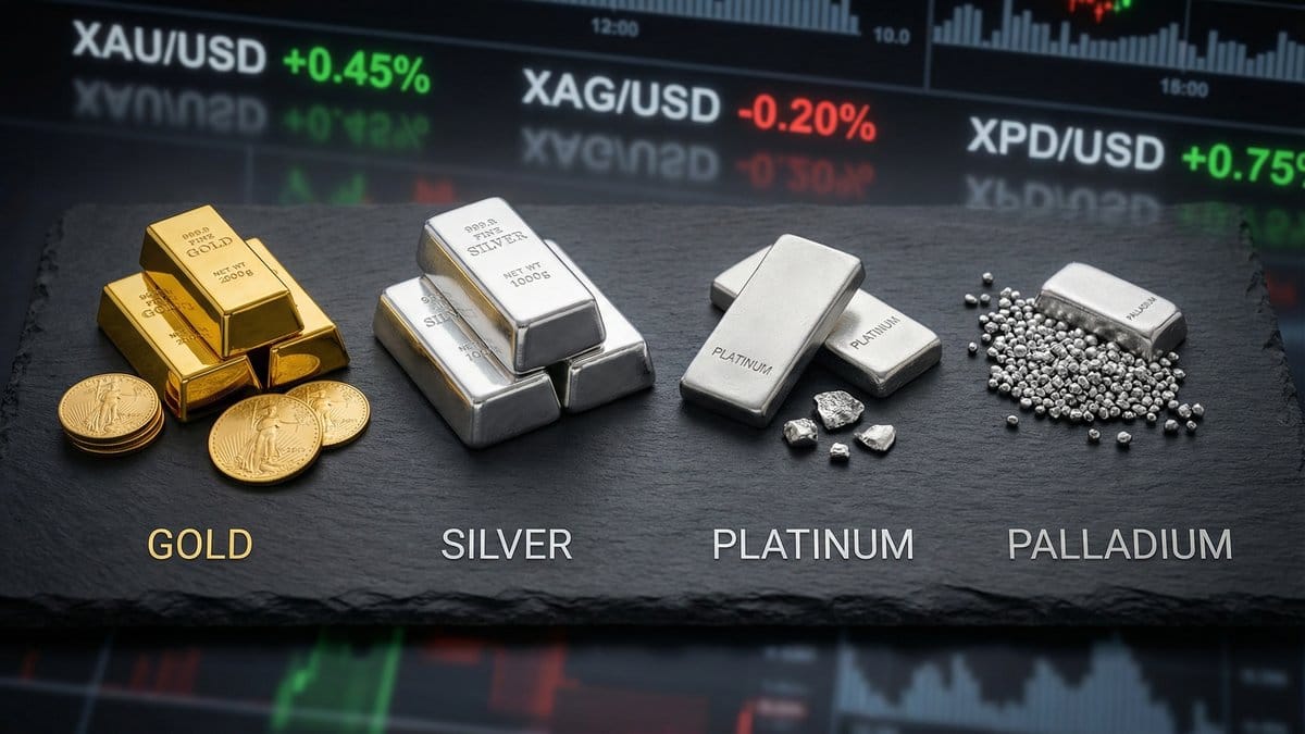 Four precious metals: gold, silver, platinum, and palladium