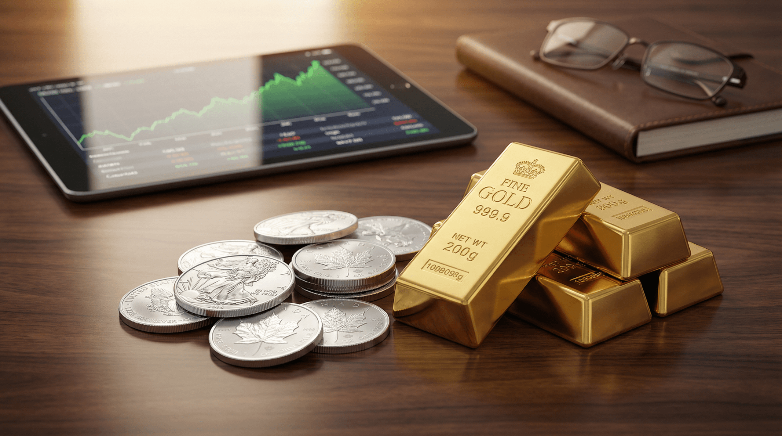 Gold bars and silver coins on wooden desk with financial charts showing precious metals investment rally