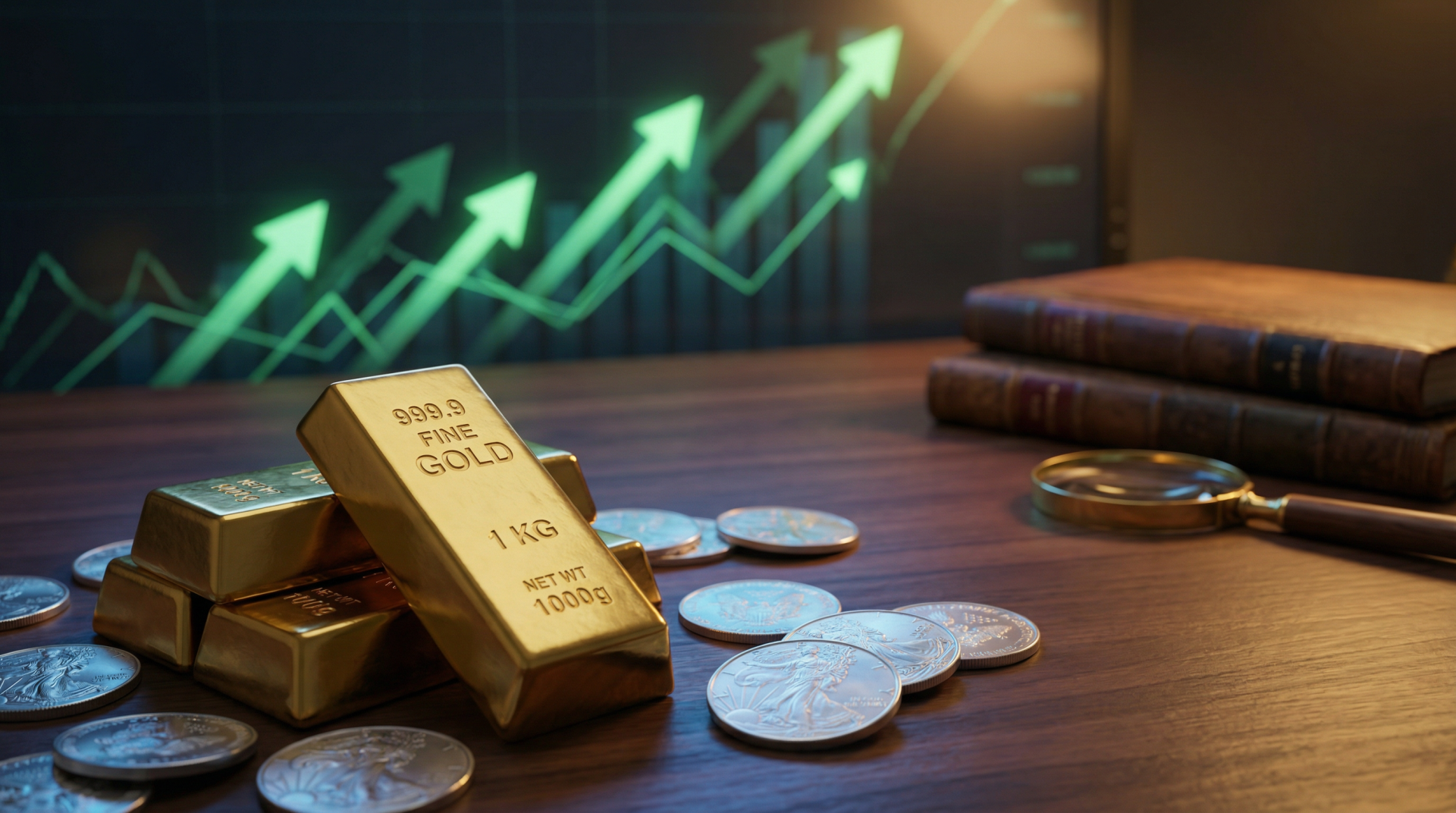 Gold bars and silver coins on wooden surface with upward trending chart showing precious metals rally in 2026