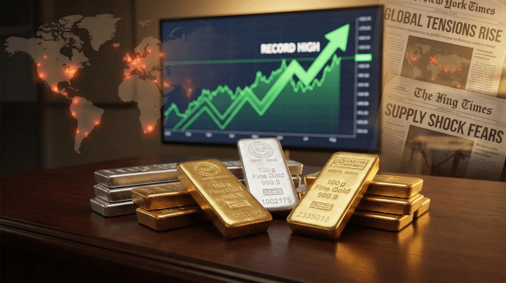 Gold and silver bars with upward trending financial chart showing record highs and world map overlay indicating geopolitical tensions