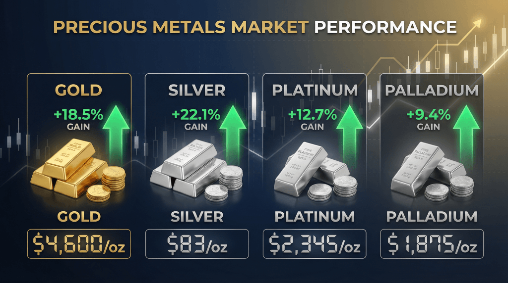 Precious metals market performance infographic showing gold, silver, platinum, and palladium prices with upward arrows and percentage gains