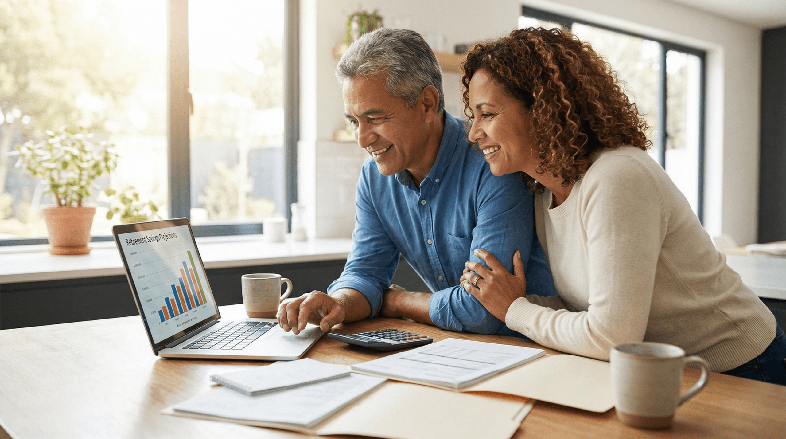 Diverse mature couple reviewing retirement planning documents and financial charts on laptop at home