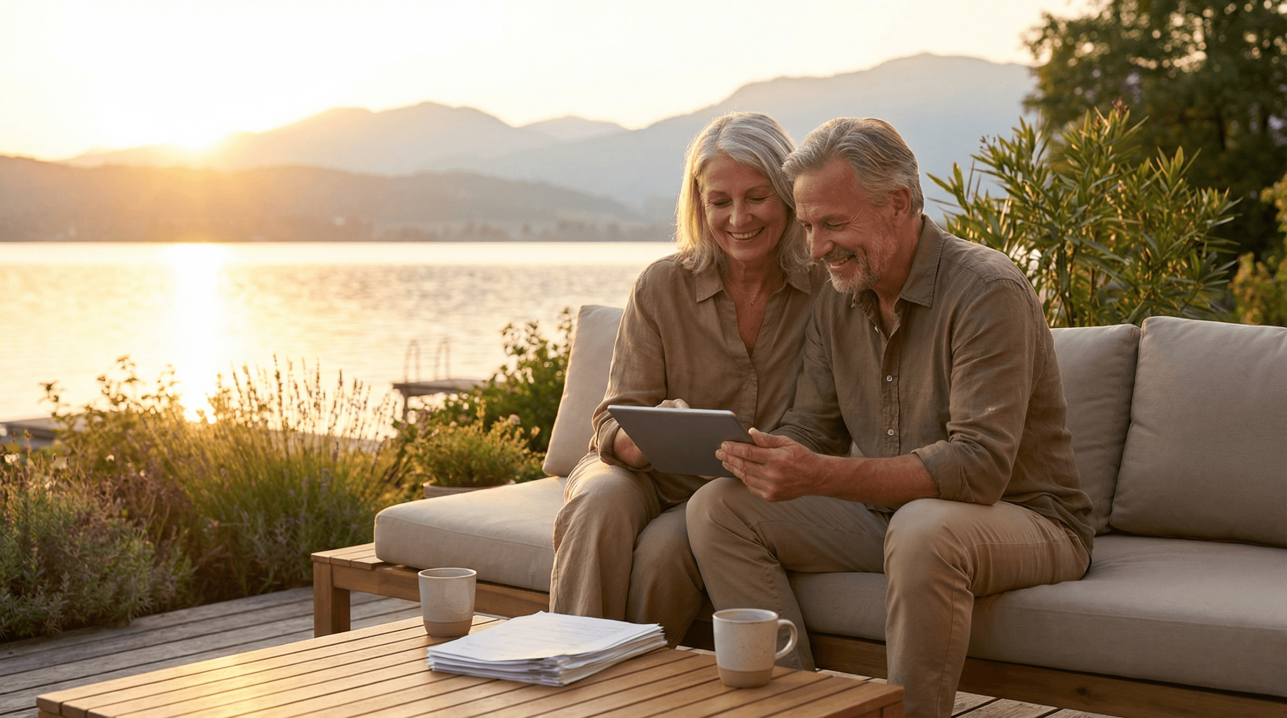 Mature couple reviewing retirement finances on tablet while relaxing on lakeside patio at sunset, representing the peaceful transition to retirement distribution phase