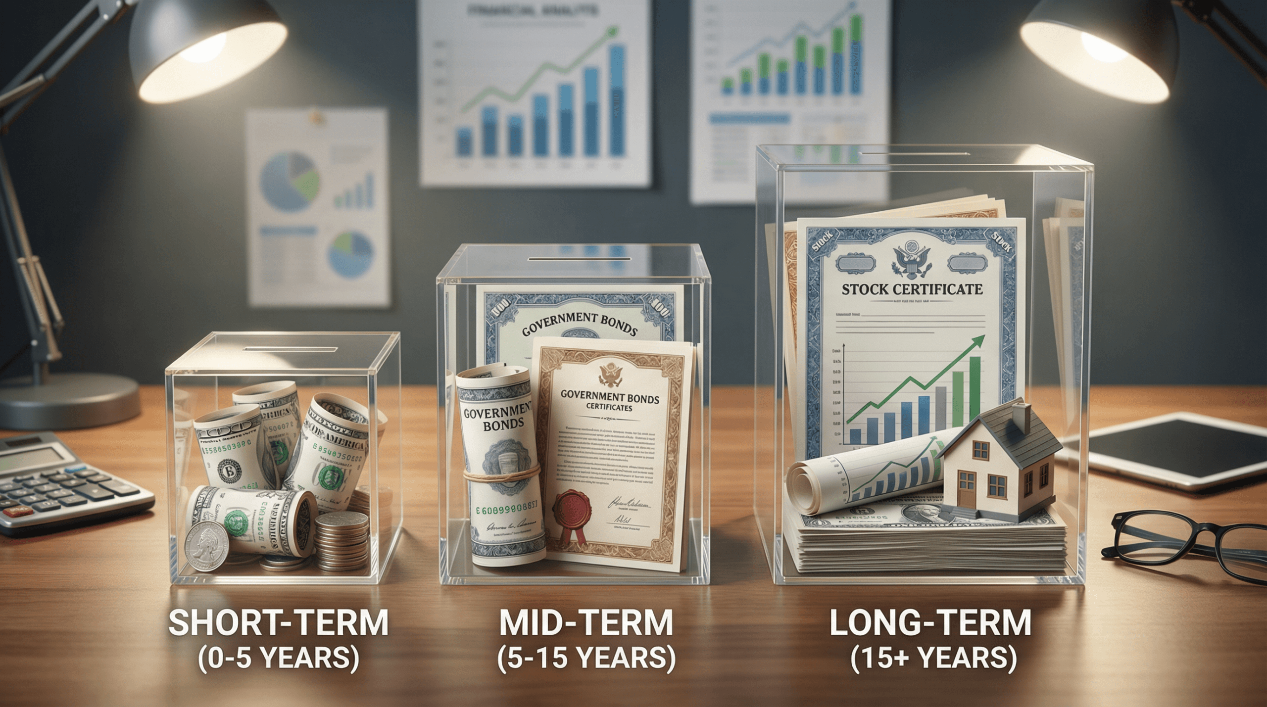 Three transparent containers showing retirement bucket strategy with short-term cash, mid-term bonds, and long-term growth investments on professional desk with financial charts