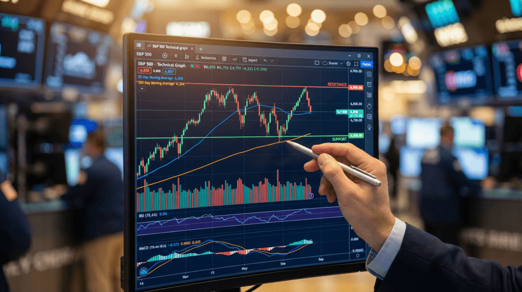 S&P 500 technical chart showing key support and resistance levels with moving averages and technical indicators