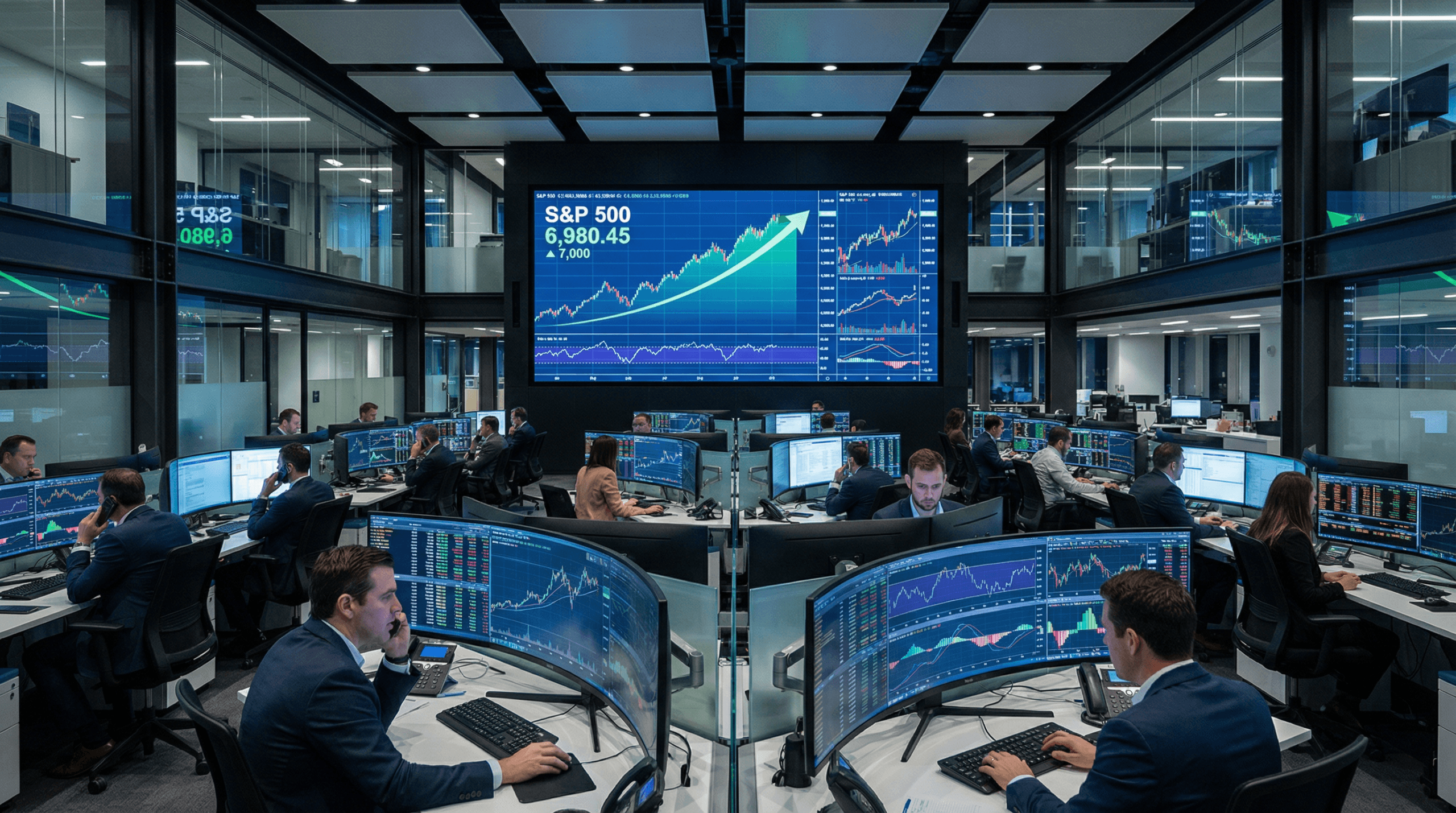 Modern trading floor with multiple monitors displaying S&P 500 technical analysis and market charts