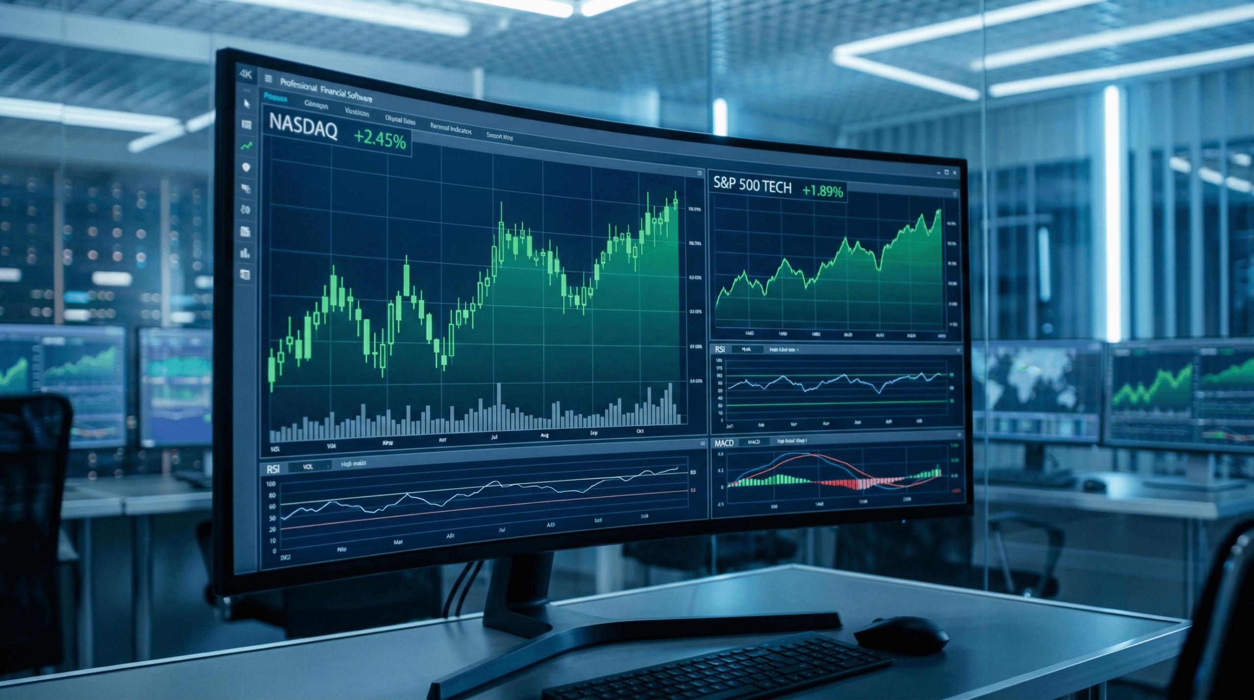 Technology sector stock market performance chart showing Nasdaq and S&P 500 Tech gains with trading analytics