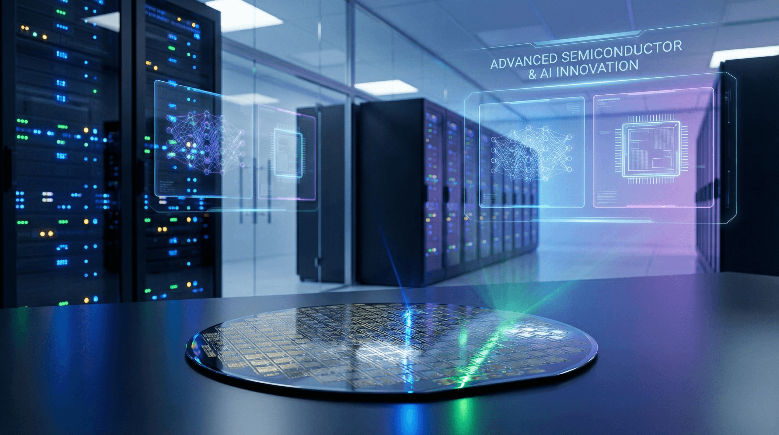 Advanced semiconductor technology and AI innovation featuring silicon wafer and data center with AI visualizations