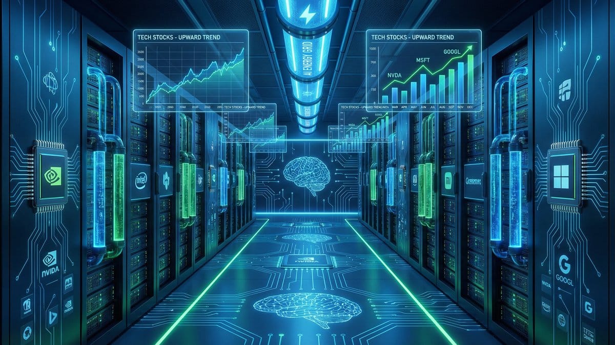 Futuristic AI data center with servers holographic stock charts neural networks and major tech company logos showing AI infrastructure and energy demands