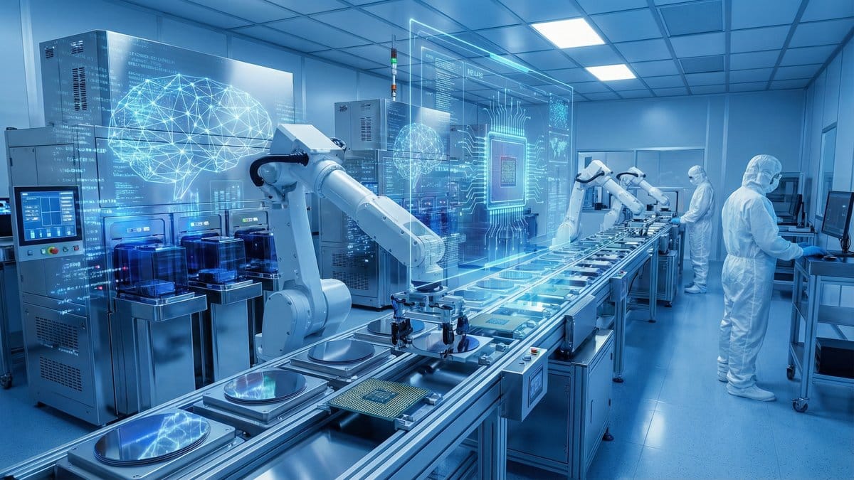 Semiconductor manufacturing facility with silicon wafers microchips robotic arms and AI neural network displays in clean room environment