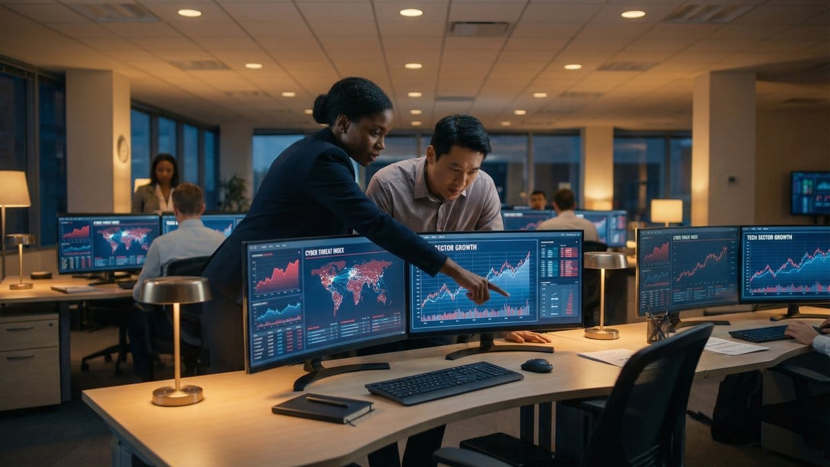 Financial analysts reviewing CrowdStrike stock data and cybersecurity dashboards