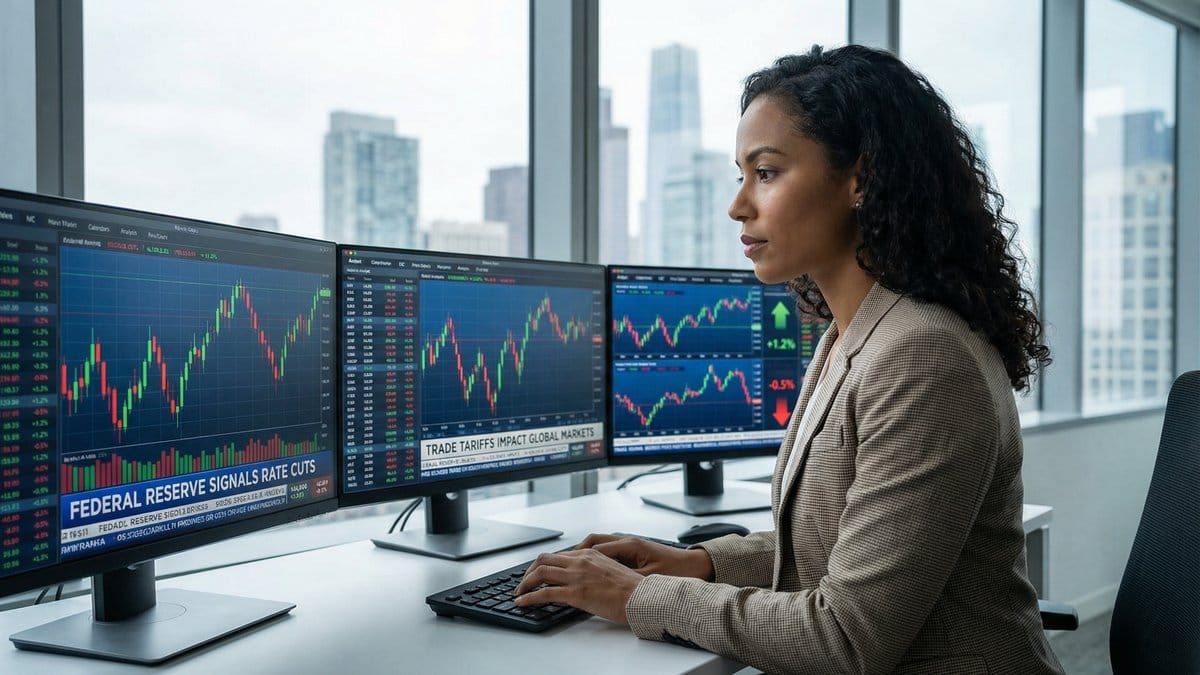 Financial analyst reviewing stock market charts and global market indices on multiple monitors - Market Analysis February 23, 2026