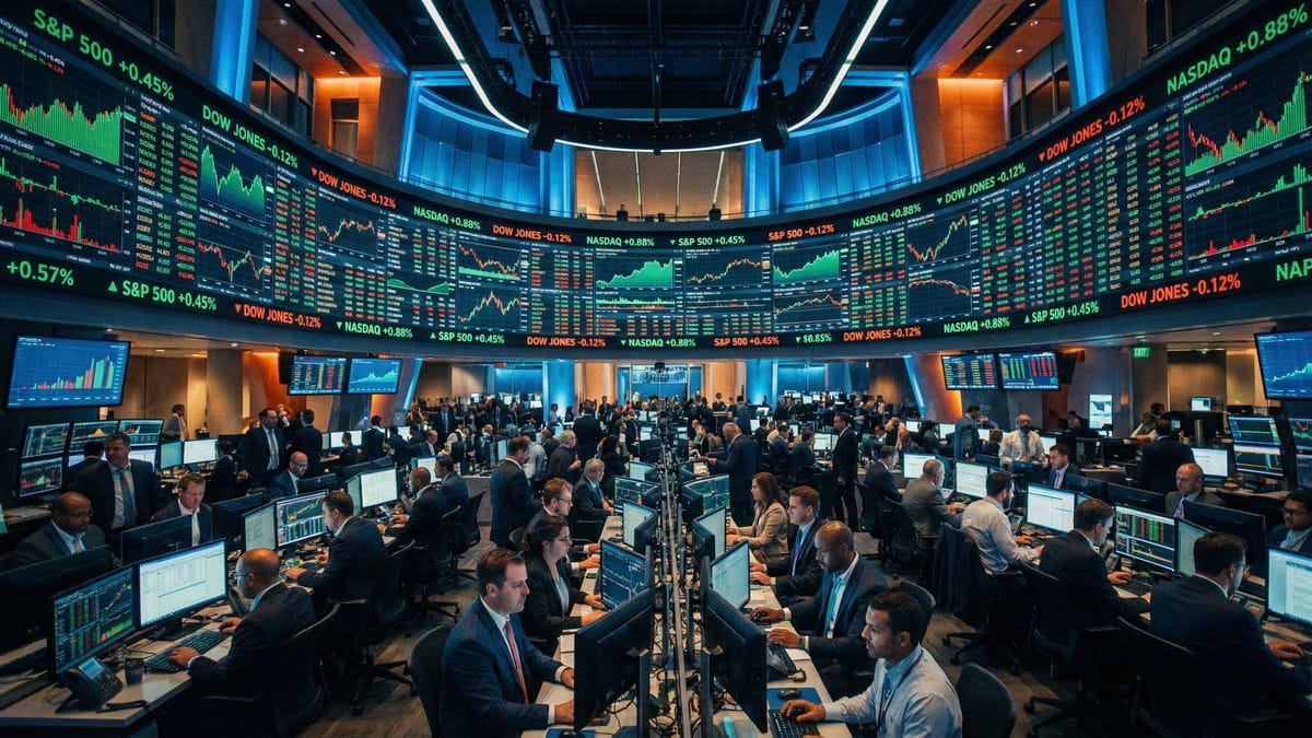 Stock market trading floor with digital screens showing S&P 500, Dow Jones, and Nasdaq indices - Daily Market Report February 23, 2026