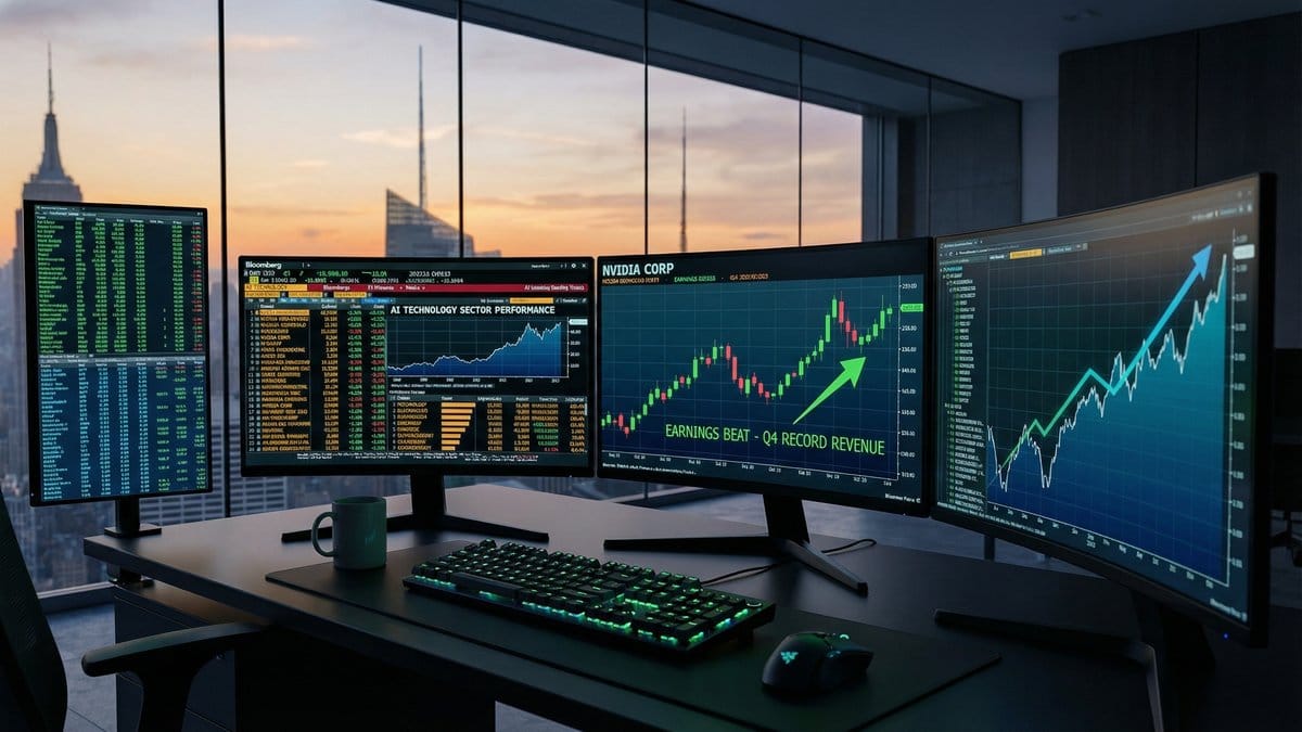 Financial trading workstation with multiple monitors showing Nvidia earnings beat Q4 2026 record revenue AI technology sector performance charts