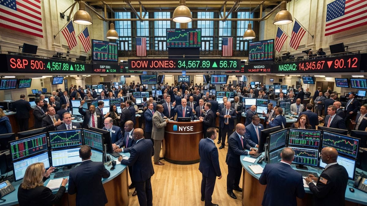 NYSE trading floor with diverse traders monitoring stock market indices S&P 500 Dow Jones Nasdaq during active session February 2026
