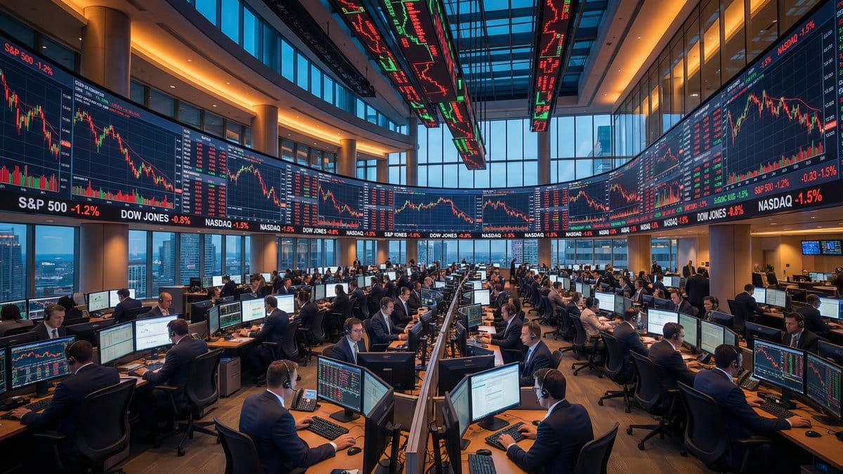 Stock market trading floor with multiple screens showing S&P 500, Dow Jones, and Nasdaq indices on February 24, 2026