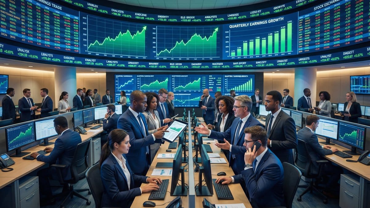 Financial analysts reviewing quarterly earnings results on trading floor screens