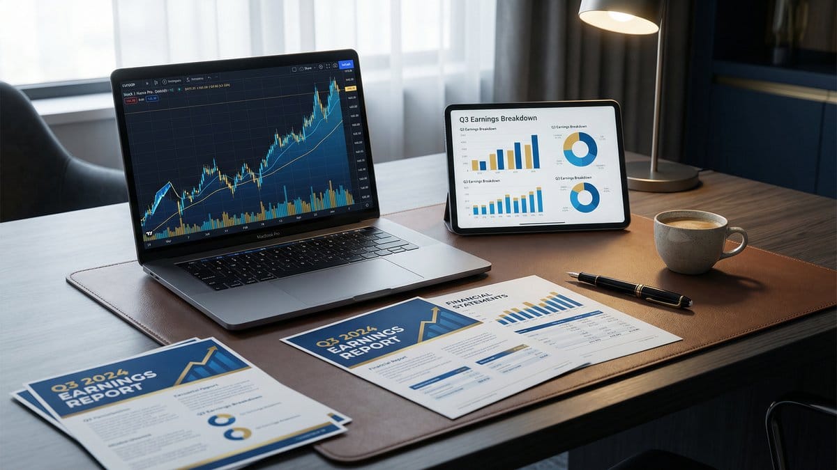 Earnings reports and financial charts on a professional desk