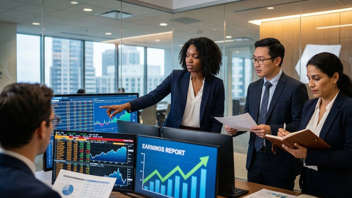 Business professionals analyzing earnings reports
