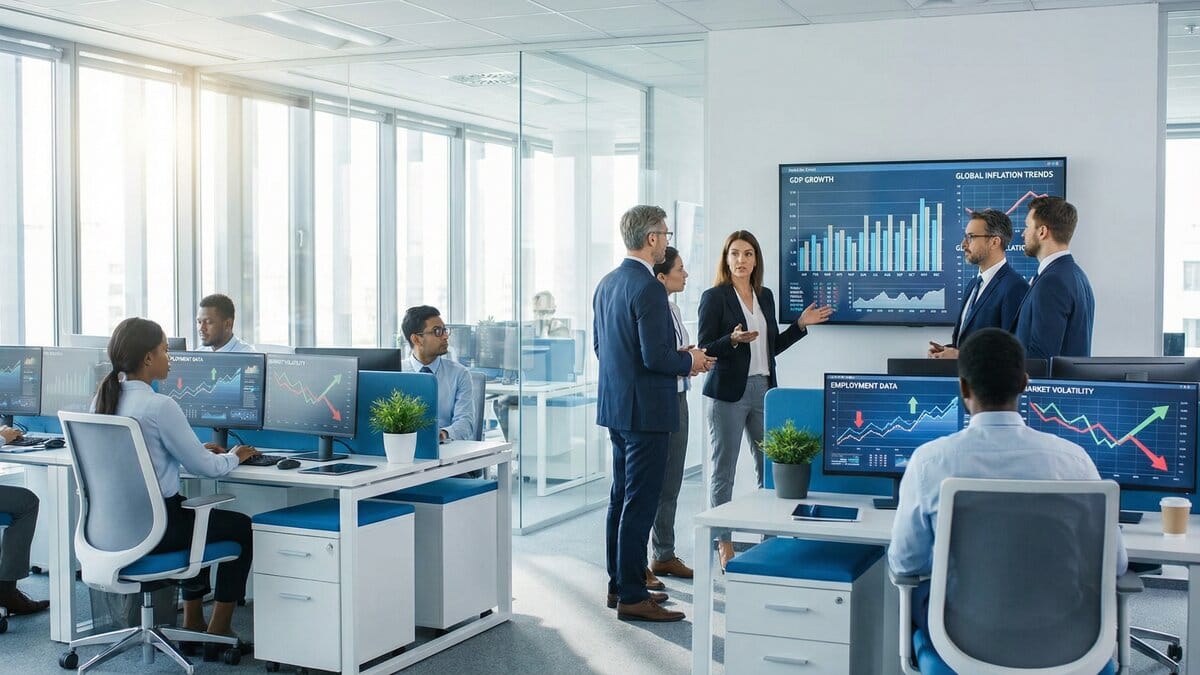 Economic analysts reviewing financial data and market indicators