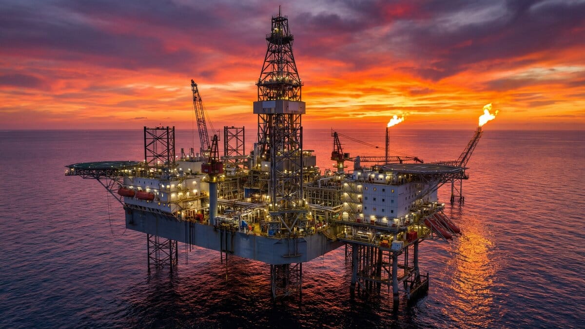 Offshore oil and gas drilling platform at sunset