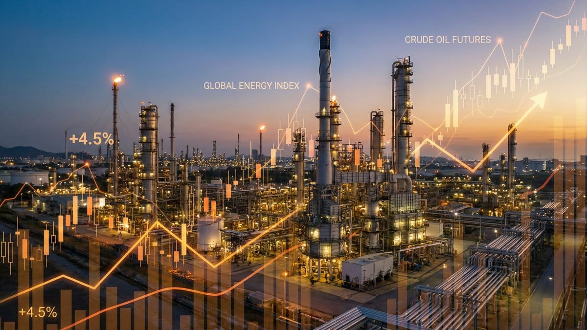 Oil refinery with financial market charts overlay at dusk