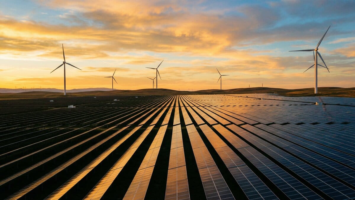 Solar farm with wind turbines in the background