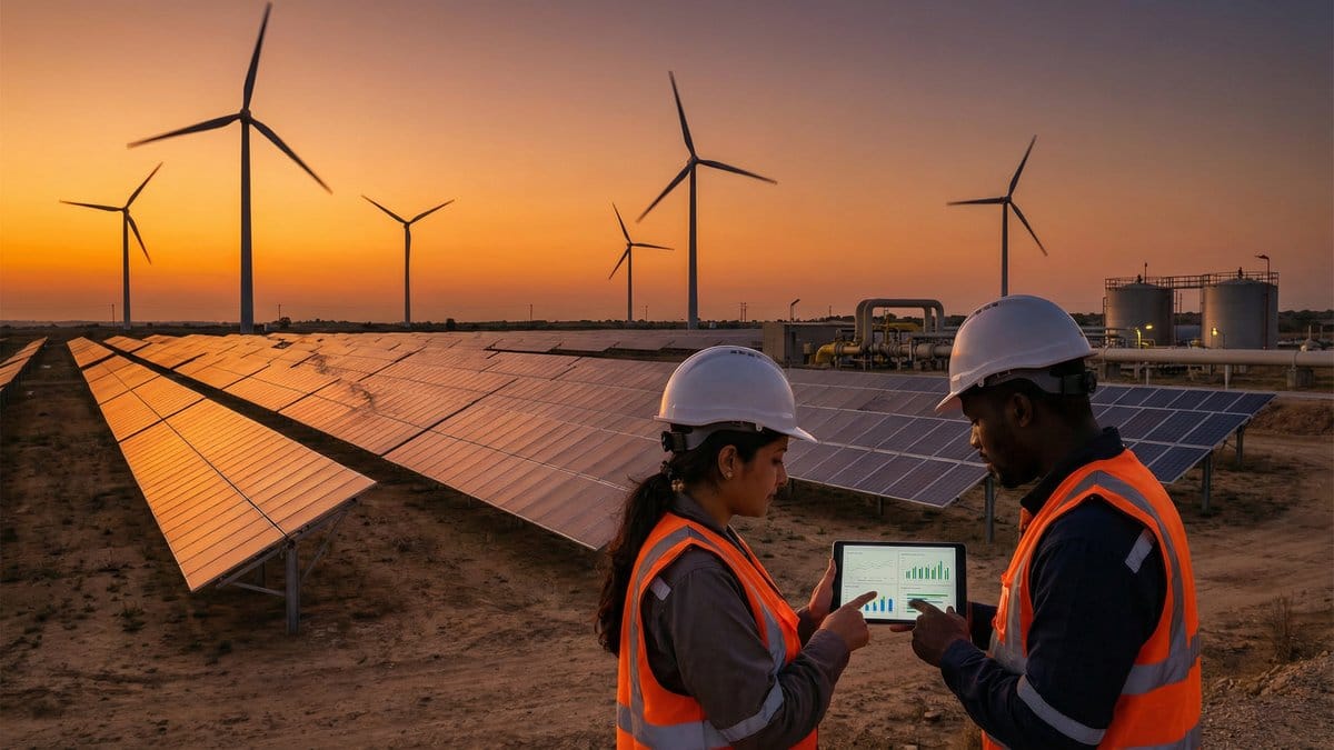 Solar farm and wind turbines with energy professionals reviewing data