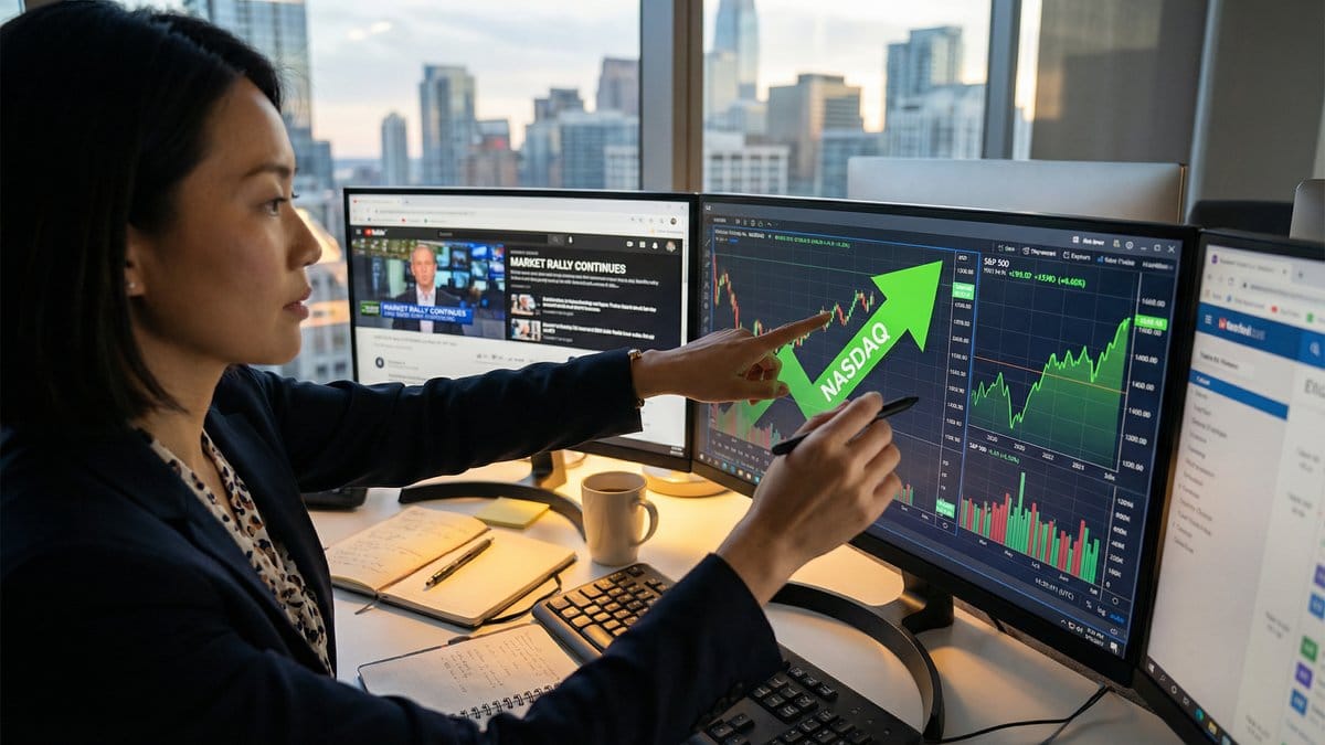 Financial analyst reviewing Nasdaq and S&P 500 stock charts on multiple monitors - Market Report February 25, 2026