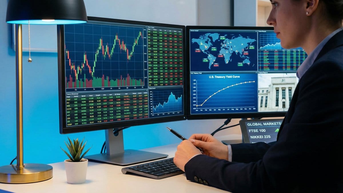 Financial analyst reviewing global market data, Treasury yield curves, and international market indices on dual monitors