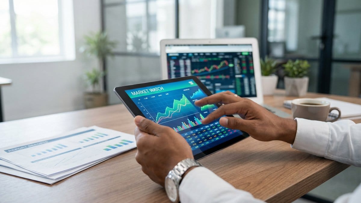 Business professional analyzing stock market trends on tablet with financial charts and upward trending data