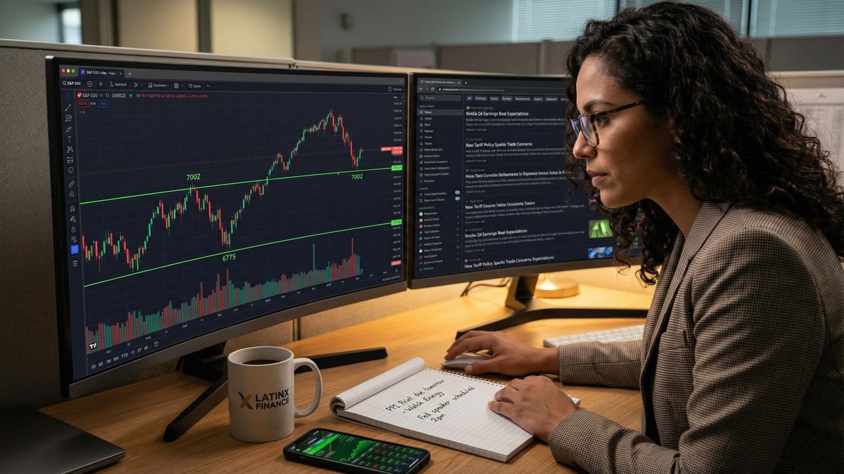 Financial analyst reviewing S&P 500 technical analysis chart showing support at 6775 and resistance at 7002 for the week of February 23, 2026