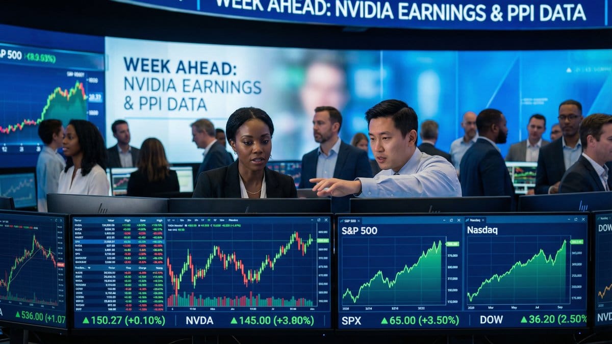 Diverse team of financial analysts reviewing market data on trading floor screens showing Nvidia, S&P 500, and Nasdaq charts for the week of February 23, 2026