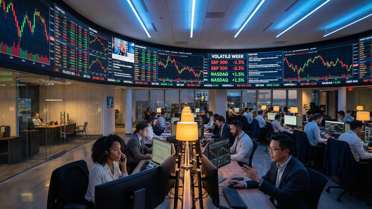 Market trading floor showing volatile week with red and green stock charts