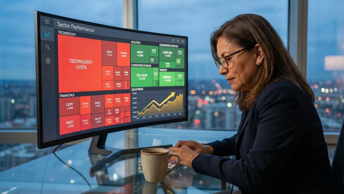 Financial analyst reviewing sector performance heatmap showing technology and financials in red, utilities and consumer staples in green