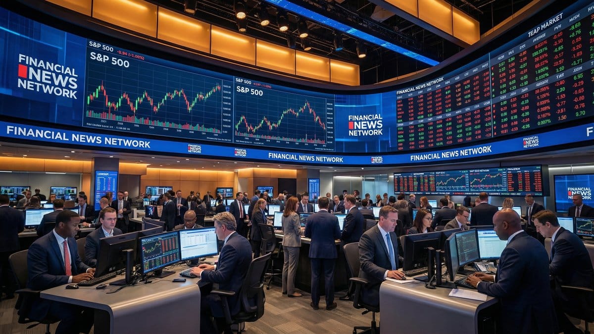 Stock market trading floor with S&P 500 charts and financial data displays - Daily Market Report February 27 2026