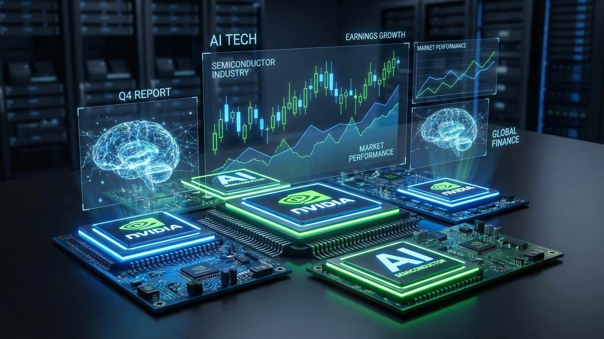 AI semiconductor chips with holographic stock charts - Nvidia earnings and AI technology sector market analysis