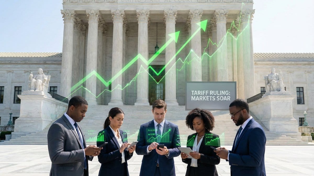 Supreme Court building with rising market charts