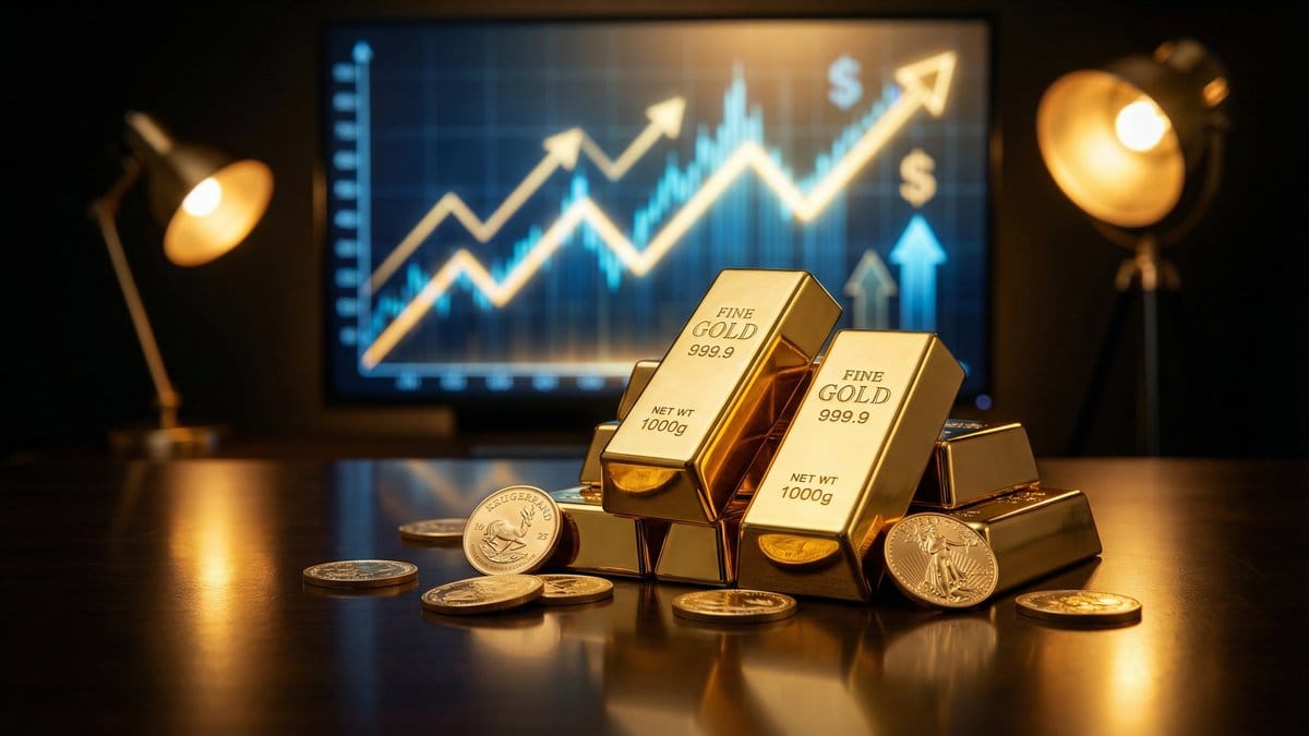 Gold bars and coins with upward trending financial chart showing precious metals rally