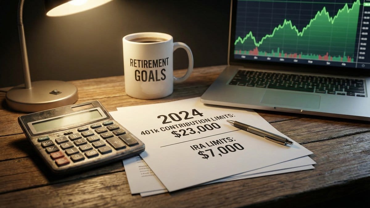 Retirement planning documents showing 2026 401k and IRA contribution limits on a desk