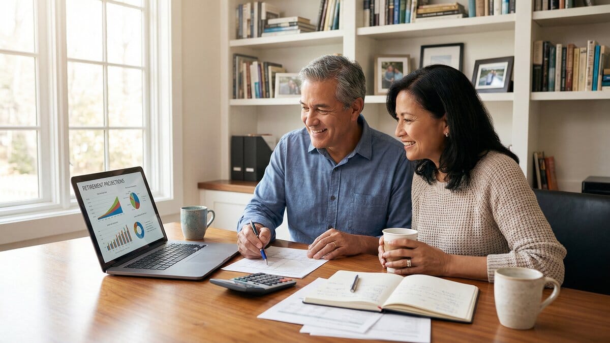Couple reviewing retirement planning documents