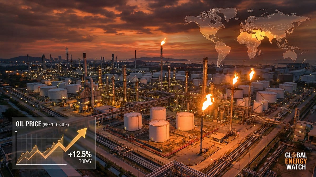 Oil refinery with rising crude prices chart as Middle East conflict threatens global energy supply through Strait of Hormuz