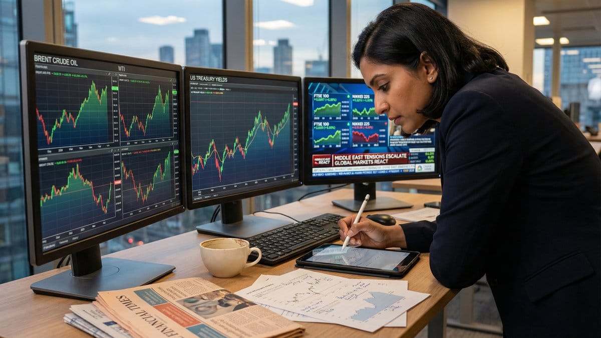 Financial analyst reviewing oil prices, treasury yields, and global market indices – March 24, 2026