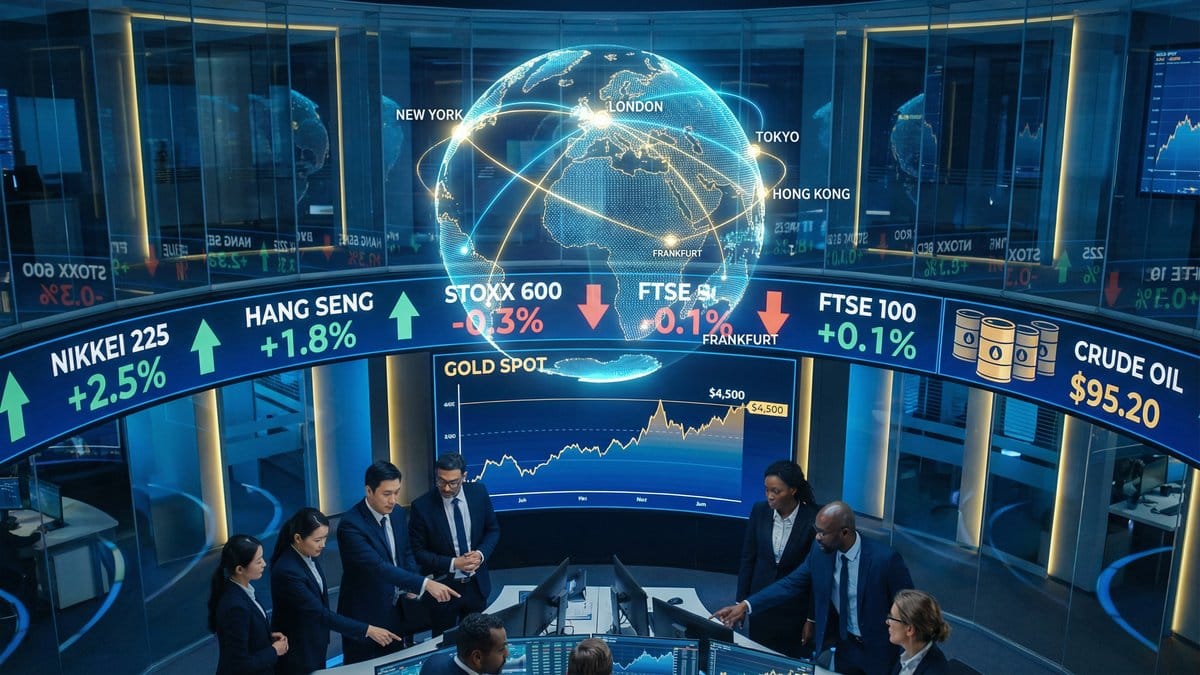 Global financial markets visualization showing international indices Nikkei, Hang Seng, STOXX 600, FTSE 100 with gold prices at record highs and oil price charts - March 25, 2026