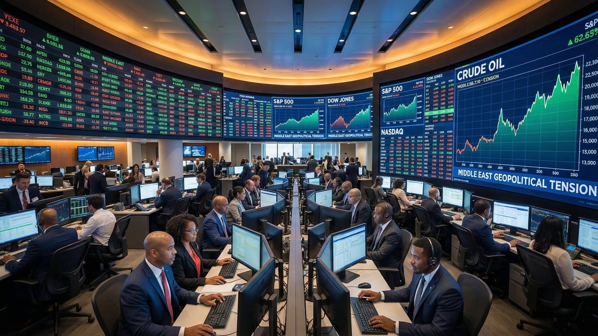 Stock market trading floor with S&P 500, Dow Jones, and Nasdaq charts amid Middle East geopolitical tensions - Daily Market Report March 25, 2026