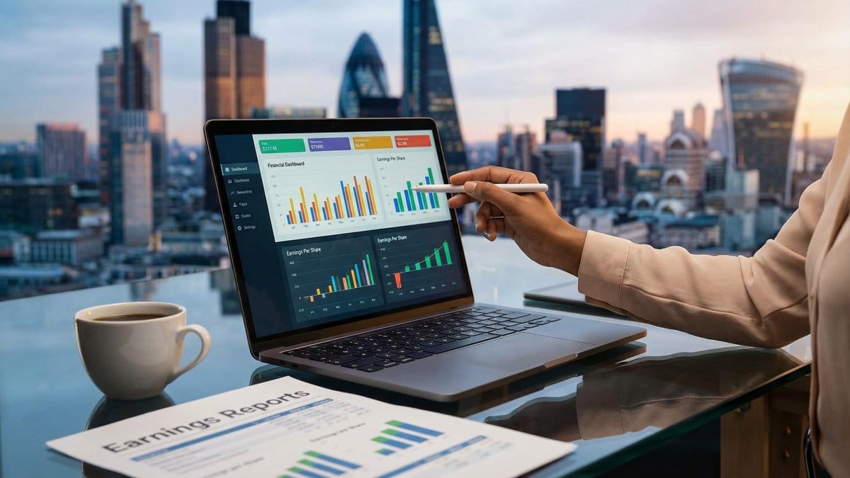 Financial analyst reviewing earnings per share charts and revenue growth data on laptop dashboard