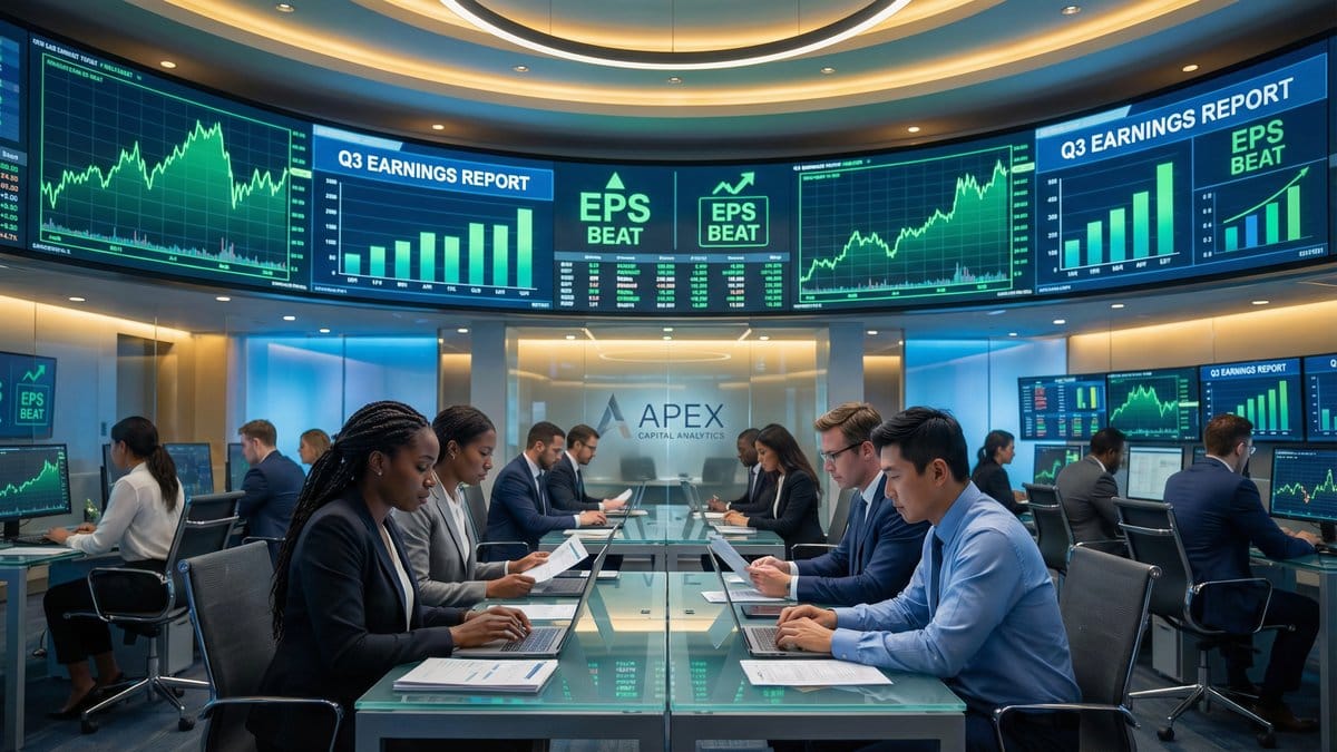 Financial analysts reviewing quarterly earnings results on multiple screens