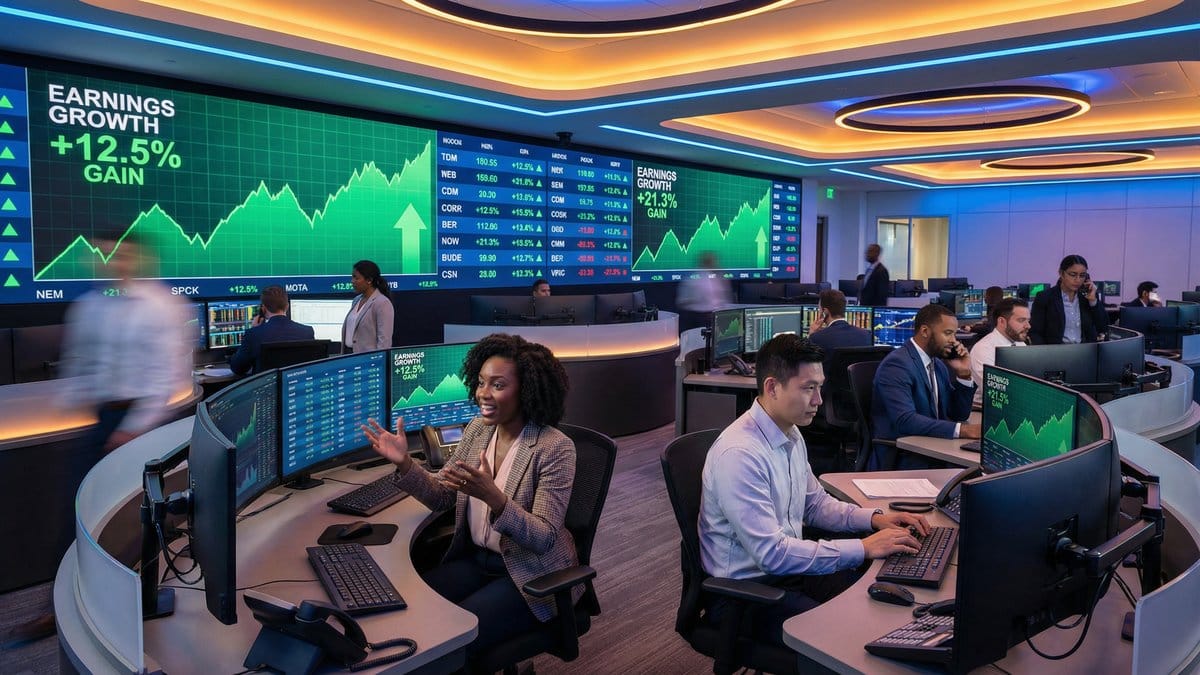 Diverse team of financial professionals analyzing Q4 2025 earnings results on trading floor screens